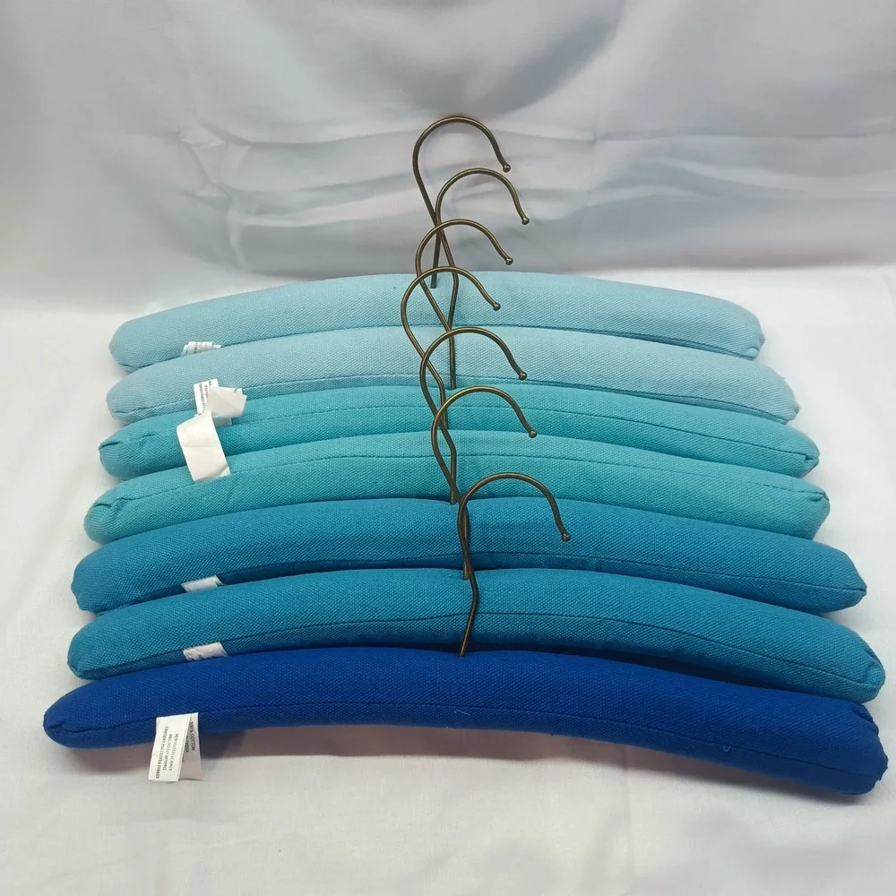 Set of 7 Ombre Blue Padded Cotton Canvas Clothes Hangers Antique Brass Hook